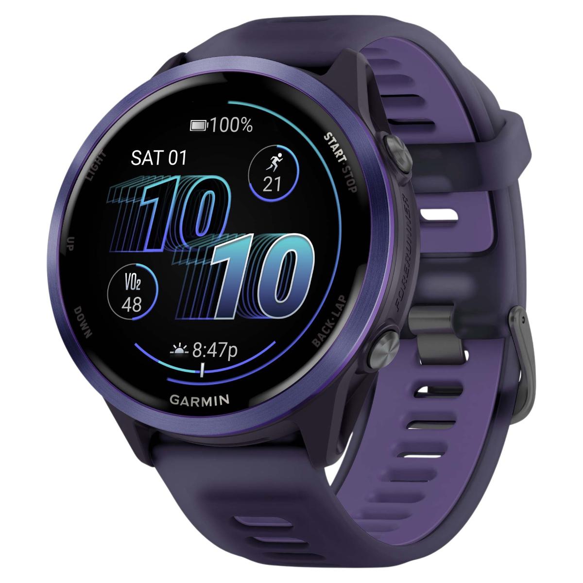 Garmin Forerunner 570 | Ø47mm | AMOLED-skjerm | Aluminiumsramme | Corning Gorilla Glass 3 Indigo Aluminium M/Gjennomsiktig Purpur/Indigo Rem, Ø47mm