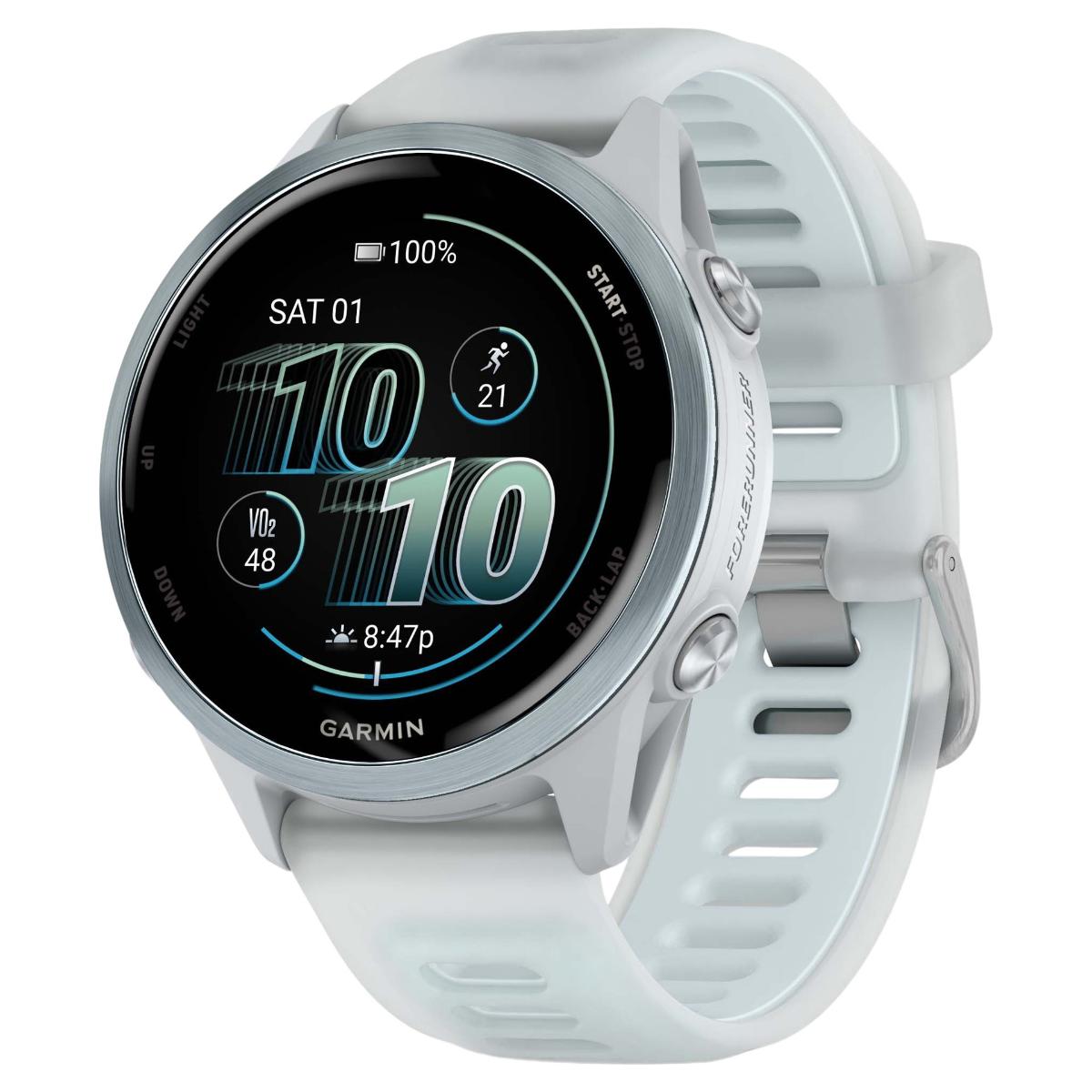 Garmin Forerunner 570 | Ø42mm | AMOLED-skjerm | Aluminiumsramme | Corning Gorilla Glass 3 Skyblå Aluminium M/Gjennomsiktig Granulittfarget/Skyblå R